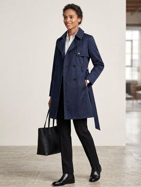 Tommy Hilfiger Navy Blue Trench Coat Double-Breasted Mid-Length